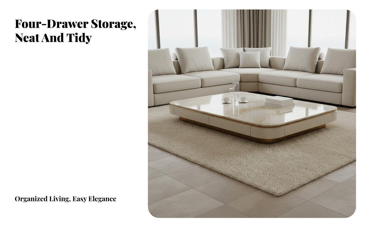 Light Luxury Design Long Storage Single Unit with Tabletop Marble-Like Top Coffee Table Minimalist Design Living Room Centerpiece Scratch Resistant for Homeowners, Apartment Dwellers, Interior Designers, Villa, Lounge Area