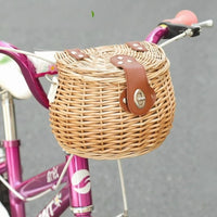 Handwoven Kids Front Bike Basket Natural Woven Wicker Bike Basket Lined Faux Leather Straps for Children