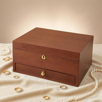 Rosewood Grain Wooden Jewelry Box Lock and Key Lockable Jewelry Box Gold-Tone Pulls Home Storage Hinged Lid