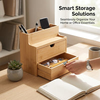 Bamboo Drawer Organiser with Compartments, Multi-Layer Desktop Storage Box for Cables and Stationery, 21x19x11.5cm