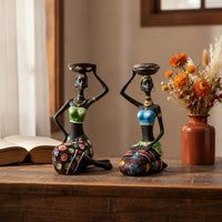 2 Pieces Candle Holder Figurines Hand-Painted Sculpture Ethnic for Living Room