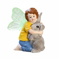 Winged Boy Hare Figurine Hand-Painted Boy Hugging Bunny Statue Gift Ready Hugging Bunnies Figurine for Garden