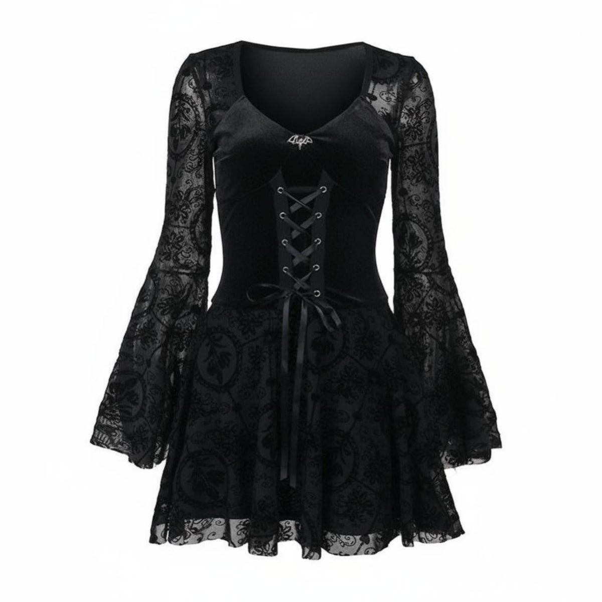 Vintage Inspired Black Bell Sleeve Dress Heart-Shaped Neckline Gothic Mini Dress women's Apparel for Young Adults, Teen Girls, Cosplayers, Halloween Party, Parties, Themed Events, Night Out