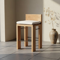 Wabi-Sabi Aesthetic Solid Wood High Chair with Cushion Retro Design Wooden Bar Stool with Backrest Upholstered Counter Height Stool for Cafe