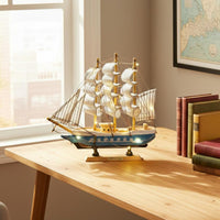 Mediterranean Design Ship Decor Artisanal Wooden Sailboat Model for Office