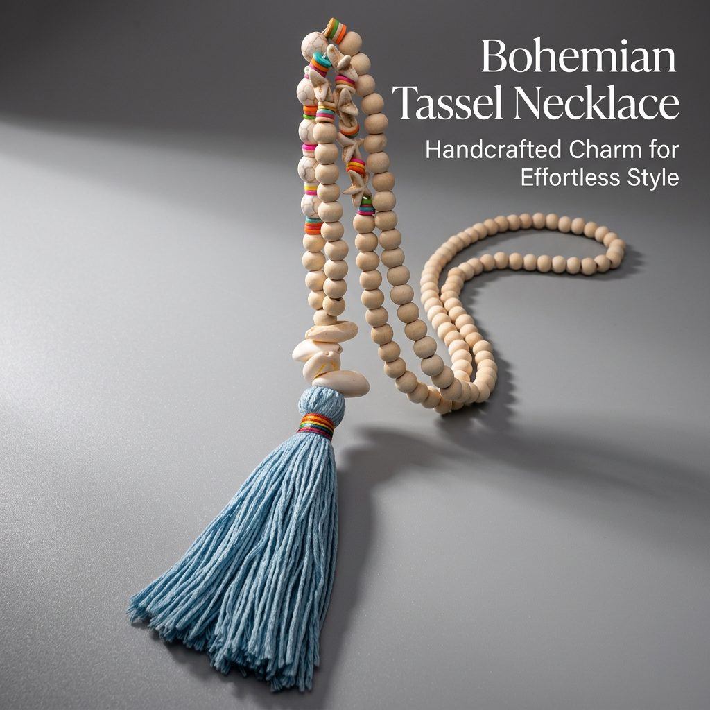 Bohemian Wood Bead Necklace for Women, Hand-beaded Turquoise Shell Tassel Pendant, European American Style Fashion Commute Jewelry, 81cm+