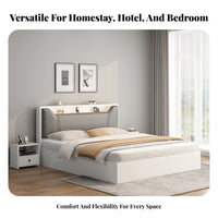 Contemporary White Bed Frame Solid Wood Construction Wooden Slat Bed Base No Box Spring Needed Bedroom Furniture for Couples, Renters, Guest Room