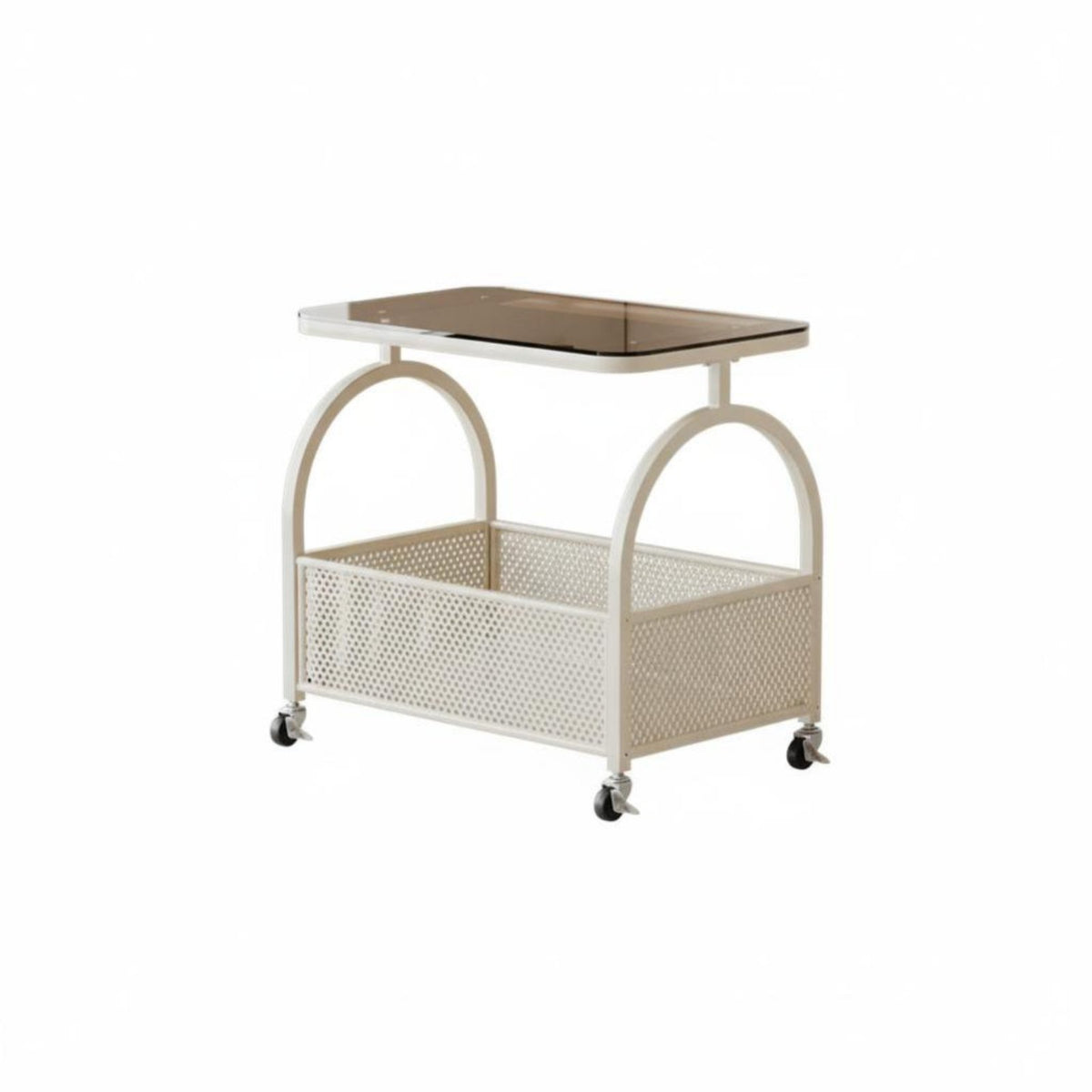 With casters 2-Tier Rolling Organizer Cream aesthetic 2-Tier Utility Trolley Minimalist Design Side Table Multifunctional for Homeowners, Office Workers, Living Room, Bedroom, Balcony, Kitchen