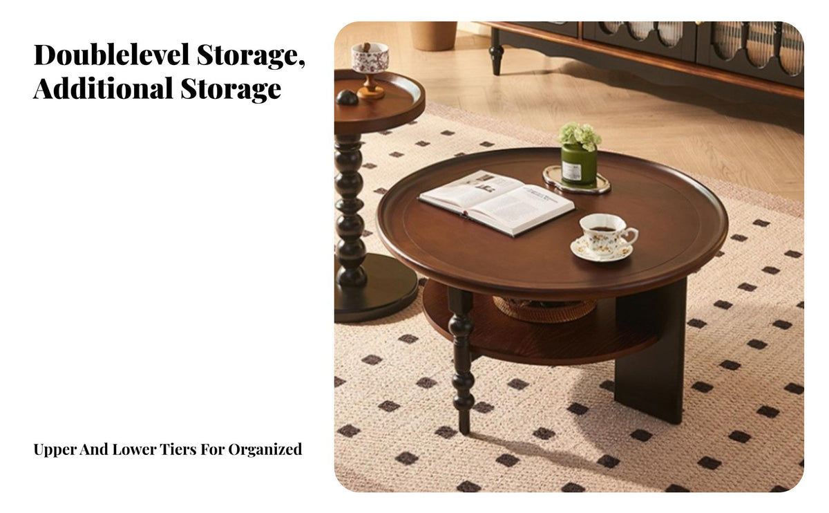 2 Pieces Vintage Design Round Coffee and Side Table Pair Two-Tier Storage Living Room Furniture Designer Design Accent Tables Multi-Purpose for Interior Designers, Homeowners, Families, Lounge Area, Bedroom