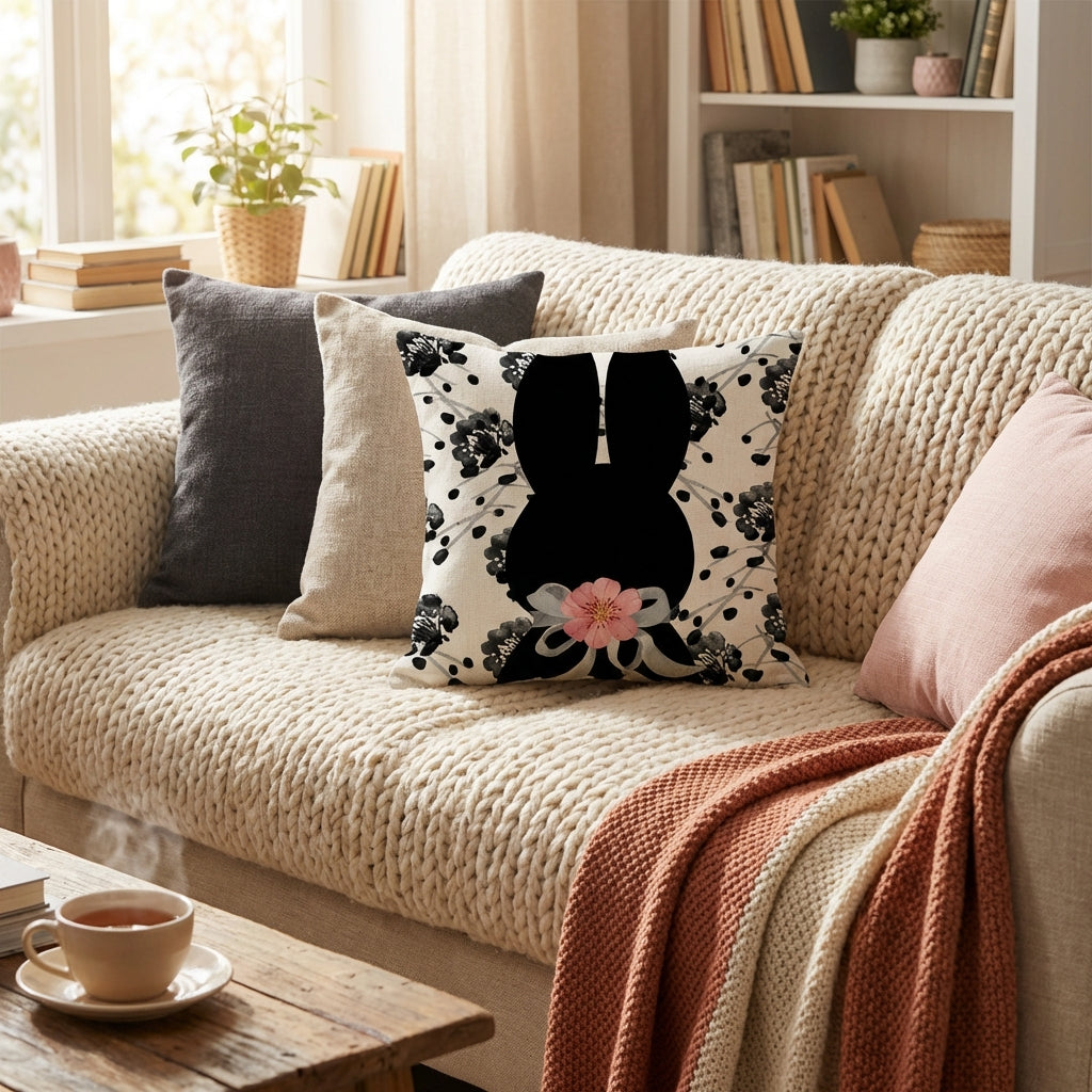 Bunny Throw Pillow Case Invisible Zipper Easter Pillow Cover Comfortable Linen Material Hare Illustration Cushion Cover for Families, Parents, Bedroom