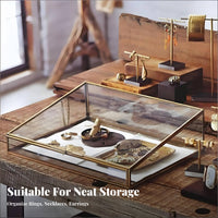 Trapezoid Glass Display Case Gold-Tone Frame Jewelry Box Dust-Proof Lid for Desk