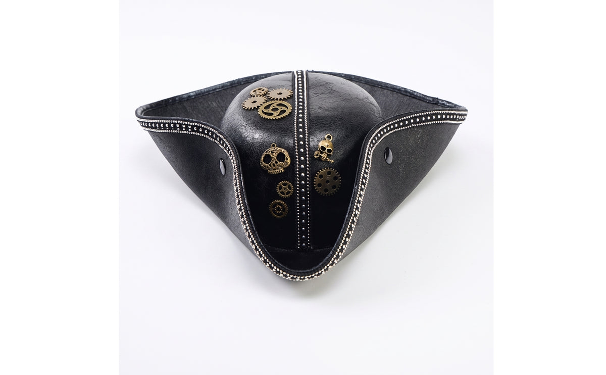 Tricorn Hat with Gears Steampunk Faux Leather Pirate Hat Vintage for Stage Looks