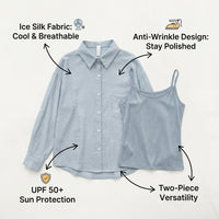 Women's Clothing Beach Cover Up Two Piece Set for Sun Protection, Ice Silk Cooling Shirt for Summer, Long Sleeve for Outdoor
