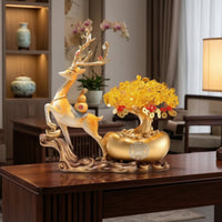 Deer Statue with Wealth Tree Desktop Table Centerpiece Glossy for Housewarming