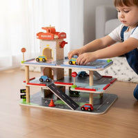 Elevator Lift Wooden Toy Car Garage Printed Road Markings Wooden Parking Garage Open Arch Entrances for Children