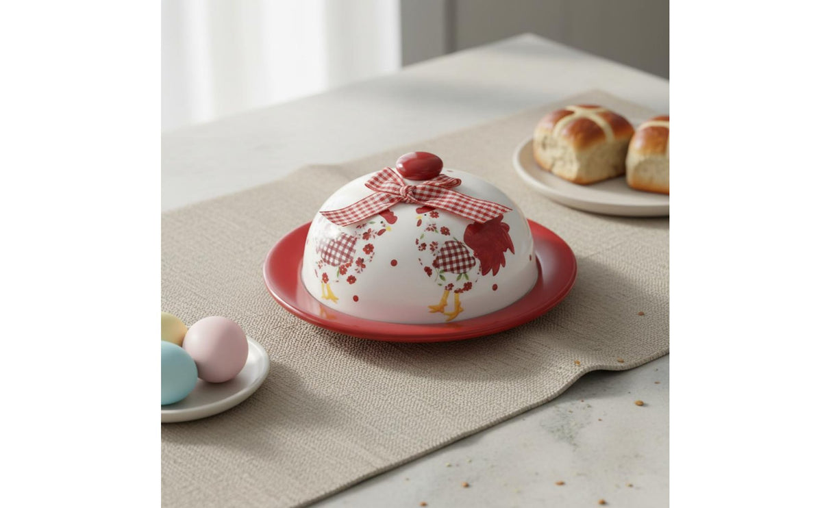 Chicken Pattern Butter Dish Gingham Ribbon Detail Lidded Ceramic Butter Holder Countertop Decor Handmade Kitchenware for Parties