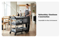 Quiet casters 3-Tier Food Trolley Rolling Casters utility Cart Easy to Clean Catering Equipment sturdyDuty for Restaurant Staff, Commercial Users, Cafeteria, Banquet Hall, Hospital, Warehouse