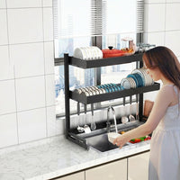 Dish Rack Over Sink with Utensil Holder, Expandable Dish Drainer for Kitchen Sink Organiser, 2 Tier Space Saving Shelf with Mug Holder, Metal