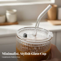 Glass Cup with Lid and Straw Vertical Stripe Pattern Striped Drinking Glass Aesthetic Design Iced Coffee Cup with Lid for Students, Home, Office, Cafe