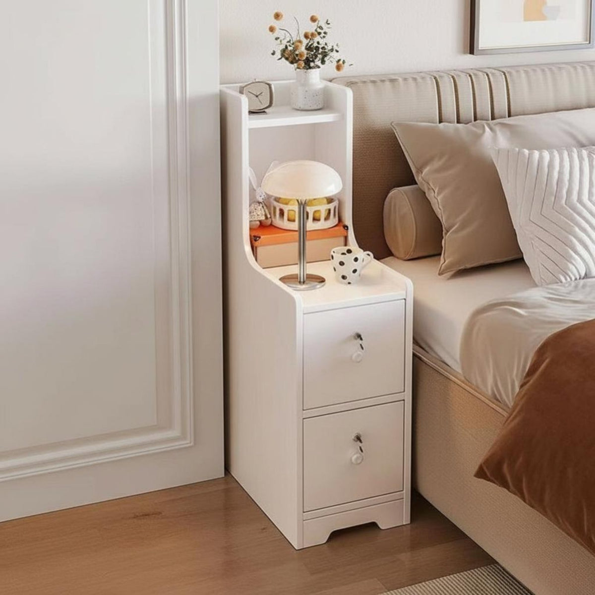 Space-Saving Design Narrow Bedside Locker Lockable Top Drawer Narrow Storage Cabinet Slim contour Nightstand Modern design for Apartment Dwellers, Students, Homeowners, Small Spaces, Dorm Room