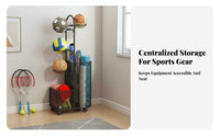 Basketball and Stretching Mat Holder Movable with Wheels Ball Storage Rack Multi-Functional Athletic Gear Storage Rack for Families, Kids, Gym