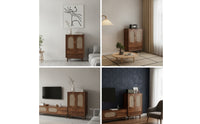 Vintage Cane Door Cabinet Multifunctional Console Cabinet Mid-Century Freestanding Cupboard Sturdy for Small Areas