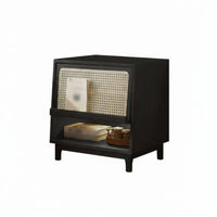 Nordic and design Rattan Nightstand sturdy Wood Legs Rattan Drawer Side Cabinet Woven Front End Table Minimalist Design for Apartment Dwellers, residents, Students, Bedroom, Small areas, Living Room, Entryway