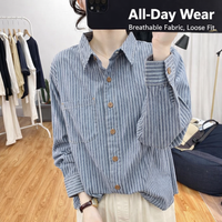 Long Sleeve Striped Shirt for Women in Linen Blend, Casual Button Front Top for Spring Autumn, Plus Size Oversized Fit Available
