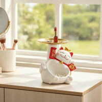 Double-Layer Storage Ornament Waving Cat Figurine Storage Tray Multifunctional Auspicious Cat Statue with Tray for Entryway Table, Vanity
