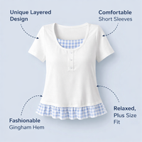 T Shirts for Women UK with Plaid Panel Patchwork Design, Oversized Loose Fit Round Neck Ladies for Work and Office Wear, Short Sleeve Tops