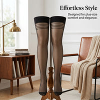 Thigh High Stockings with Sun Protection and Anti-Slip Band for Plus Size Women, Hold Up Nylon for Office Wear, Transparent and Lightweight