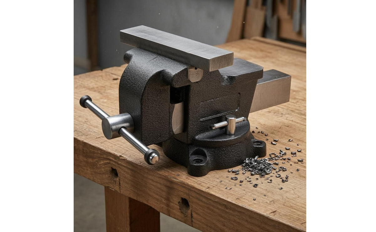 Ductile Cast Iron Bench Vise with Anvil Serrated Grips Swivel Bench Vise Swiveling Base Workholding Tool Textured Dark Finish