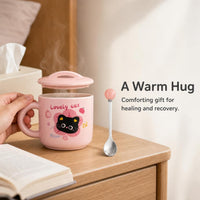 Ceramic Mug with Lid and Spoon, Cute Cat Design Coffee Cup, Birthday Gift for Friends