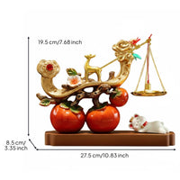 Deer Balance Ornament Gift Box Persimmon Luck Statue Gold Finish Chinese Desk Decor for Newlyweds, Housewarming