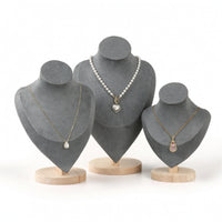 3 Pieces Suede-Covered Necklace Display Bust Countertop Jewelry Display with Wooden Base Elegant Necklace Bust Stand Sturdy for Photographers