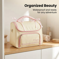 Waterproof Makeup Bag with Handle for Women Girls, Bow Cosmetic Organizer Large Capacity, PU Leather Skincare Storage for Daily Use Travel