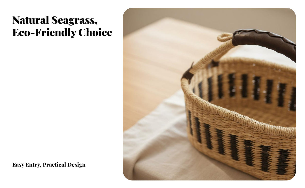 Handmade Handwoven Seagrass Basket Natural Material Oval Storage Basket with Handle African Inspired Design Bohemian Design for Interior Decorators, Homeowners, Bedroom, Kitchen, Entryway, Living Room