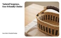 Handmade Handwoven Seagrass Basket Natural Material Oval Storage Basket with Handle African Inspired Design Bohemian Design for Interior Decorators, Homeowners, Bedroom, Kitchen, Entryway, Living Room