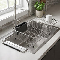 Kitchen Sink Rack, Expandable Over Sink Dishware Organizer, Modern Stainless Steel Rack and Kitchen Sink Organizer with Handy Cutlery Holder