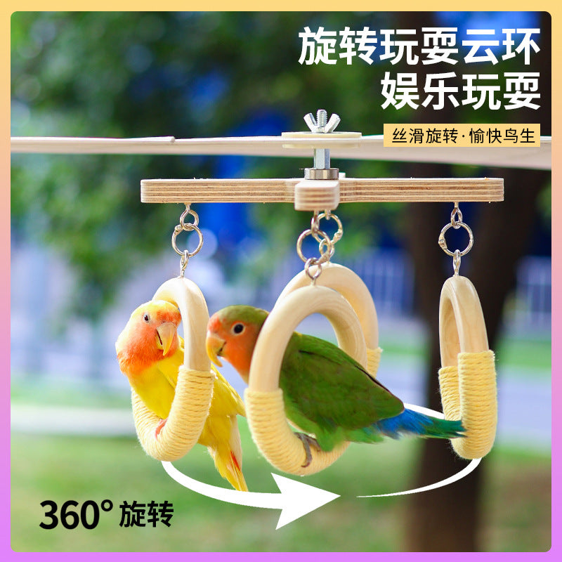 Wooden Parrot Hanging Toy with Rings, Swing, and Climbing Perch