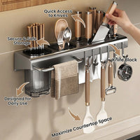 Cutlery Organizer Made of Carbon Steel for Countertop or Wall Mounted Use, Kitchen with Hooks and Towel Bar for Chefs