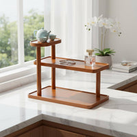 Multi-Level Display Stand Space Saving 3-Tier Desktop Shelf Wooden Countertop Organizer Raised Border Design for Tea Room