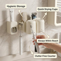 Wall Mounted Toothbrush Holder No Drill with Toothpaste Dispenser, Toothbrush Holder Set with Mouthwash Cup Holder, Toothbrush Rack Care Organizer