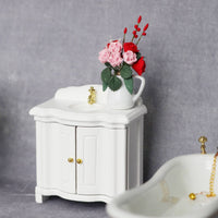 White Dollhouse Washstand Wooden Construction Dollhouse Lavatory Sink Realistic Detail Miniature Vanity Cabinet for Collectors, Hobbyists