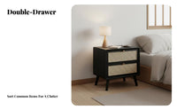 Japanese aesthetic Bedside Cabinet with Rattan Drawer Woven Front Rattan Drawer Nightstand durable Wood Legs End Table Vintage Inspired for Apartment Dwellers, Homeowners, Young Adults, Bedroom, Small Spaces, Guest Room, Home Office