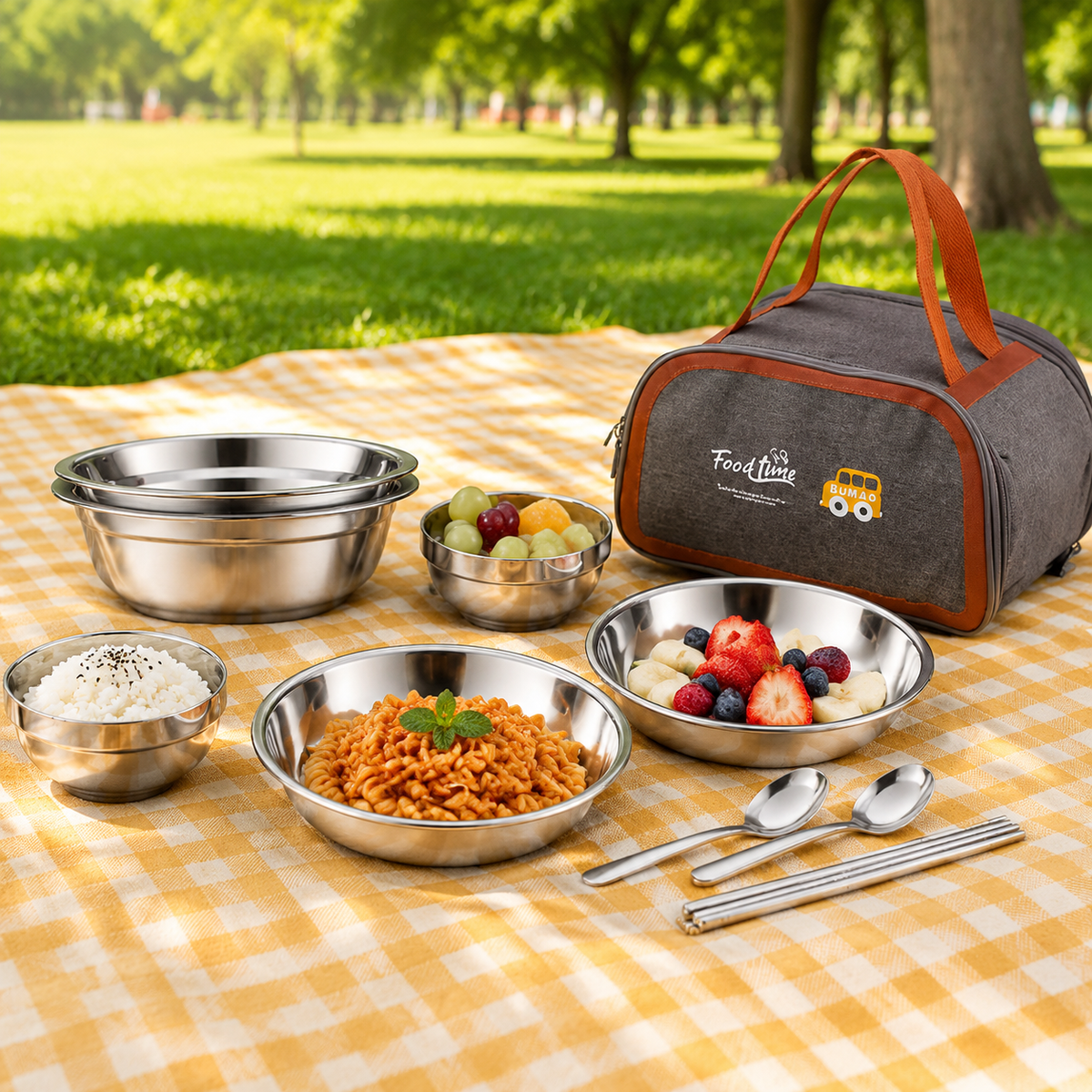 Stainless Steel Camping Dinnerware Set, Matte Silver, 11.4cm Salad Bowl, Reusable Picnic Dinnerware for 6 People