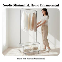 Mobile Design Wheeled Hanging Rack with Basket Space Saving Rolling Garment Rack with Baskets Easy Assembly Clothing Organizer Sturdy Construction for Apartment Dwellers, Homeowners, Students, Bedroom, Dorm Room, Entryway, Balcony