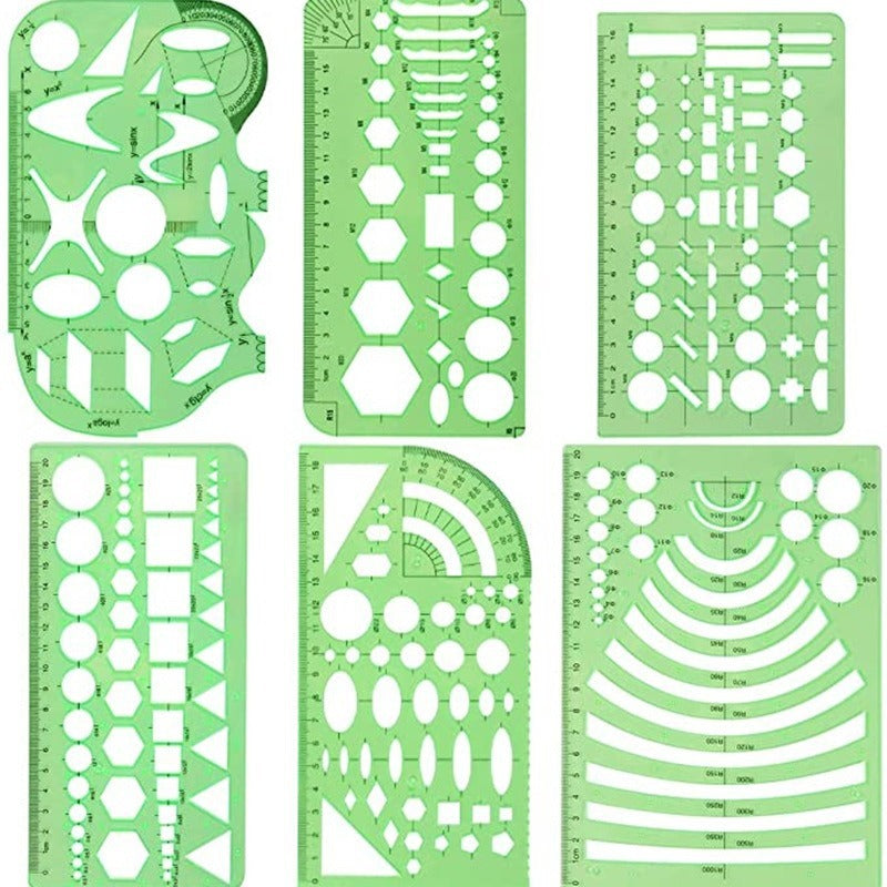 Green Plastic Geometric Drawing Template Ruler Set (9-Piece, Style 3) for Drafting and Measurement