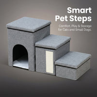 Storage Steps for Bed and Sofa with Foldable Pet Stairs, Integrated Cat House for Small Pets, Textile Construction