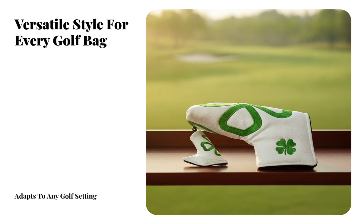 Soft Golf Club Head Cover with Decorative Stitched Trim and Good Luck Symbol Design